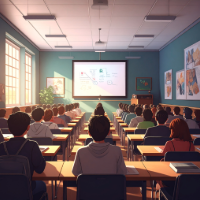 A large classroom filled with rows of students seated at desks, all facing a projector screen at the front of the room. The screen displays a presentation, and the space is illuminated by natural light from tall windows along one wall. Educational posters, shelves, and a podium are visible near the front, creating the setting of a structured lecture environment.