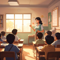A classroom scene with several students seated at desks facing a teacher at the front of the room. The teacher is standing near a window with warm sunlight coming through, pointing upward as if explaining a lesson. The room includes bookshelves, posters, and a bulletin board on the walls, and the students appear to be focusing on the teacher.