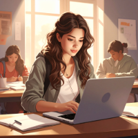 A person sitting at a desk using a laptop in a classroom setting, with warm sunlight coming through the windows. Additional students are seated at desks in the background, also working. The room includes posters on the walls and a calm, focused atmosphere.