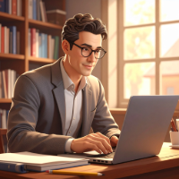 A person sits at a desk in a warmly lit room, working on a laptop with notebooks and documents spread out nearby. Bookshelves filled with books line the background, and soft sunlight streams in through a window, creating a calm, focused workspace.