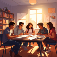 A group of five students sit around a table in a classroom, studying together with notebooks and papers spread out in front of them. Sunlight shines through a large window behind them, illuminating the room, which includes bookshelves and posters on the walls. The students are focused on their work in a collaborative study environment.