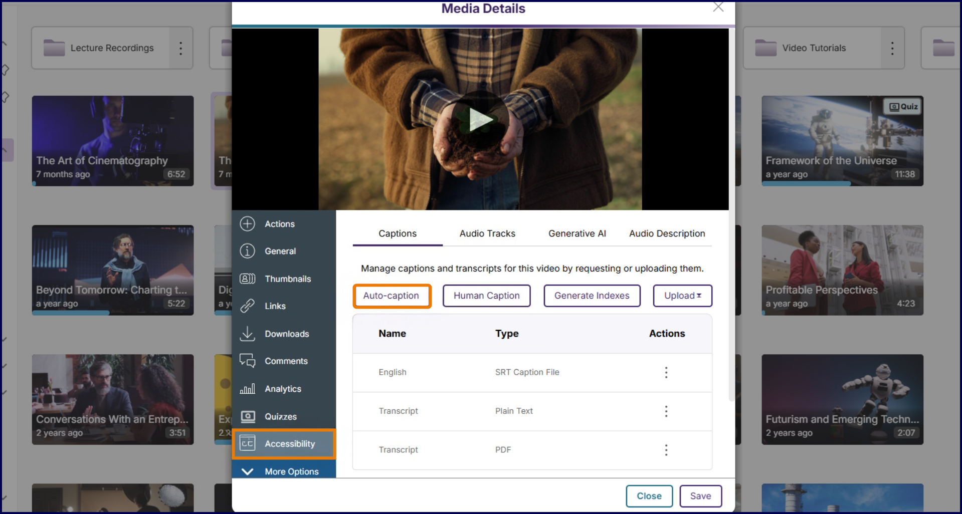 YuJa Media Details pop‑up window showing a video preview at the top and the Accessibility tab below, with buttons for Auto‑caption, Human Caption, Generate Indexes, and Upload, plus a table listing English caption and transcript files.