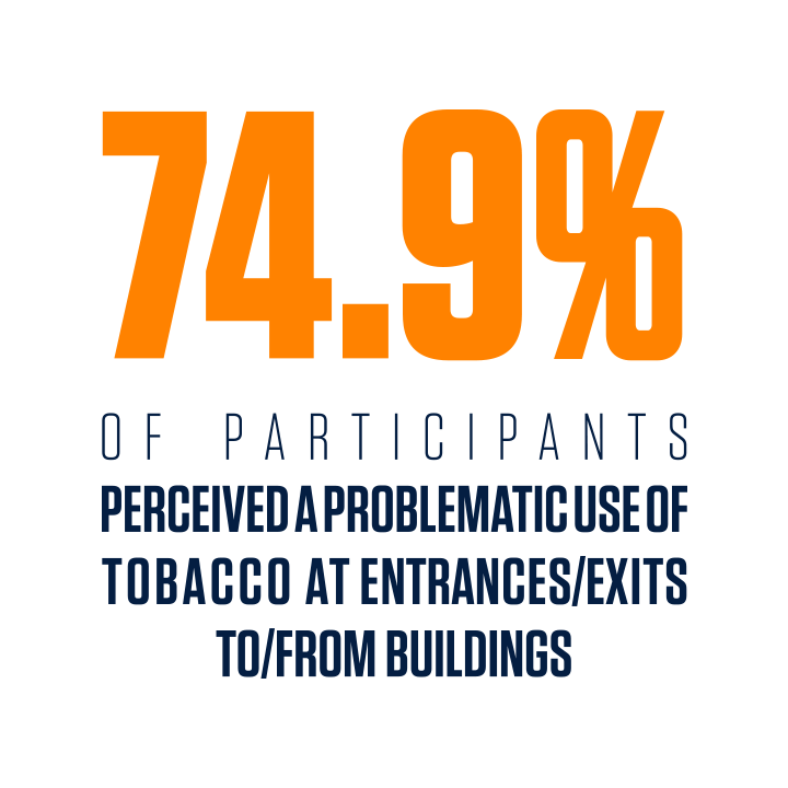 74.9% OF PARTICIPANTS PERCEIVED A PROBLEMATIC USE OF TOBACCO AT ENTRANCES/EXITS TO/FROM BUILDINGS