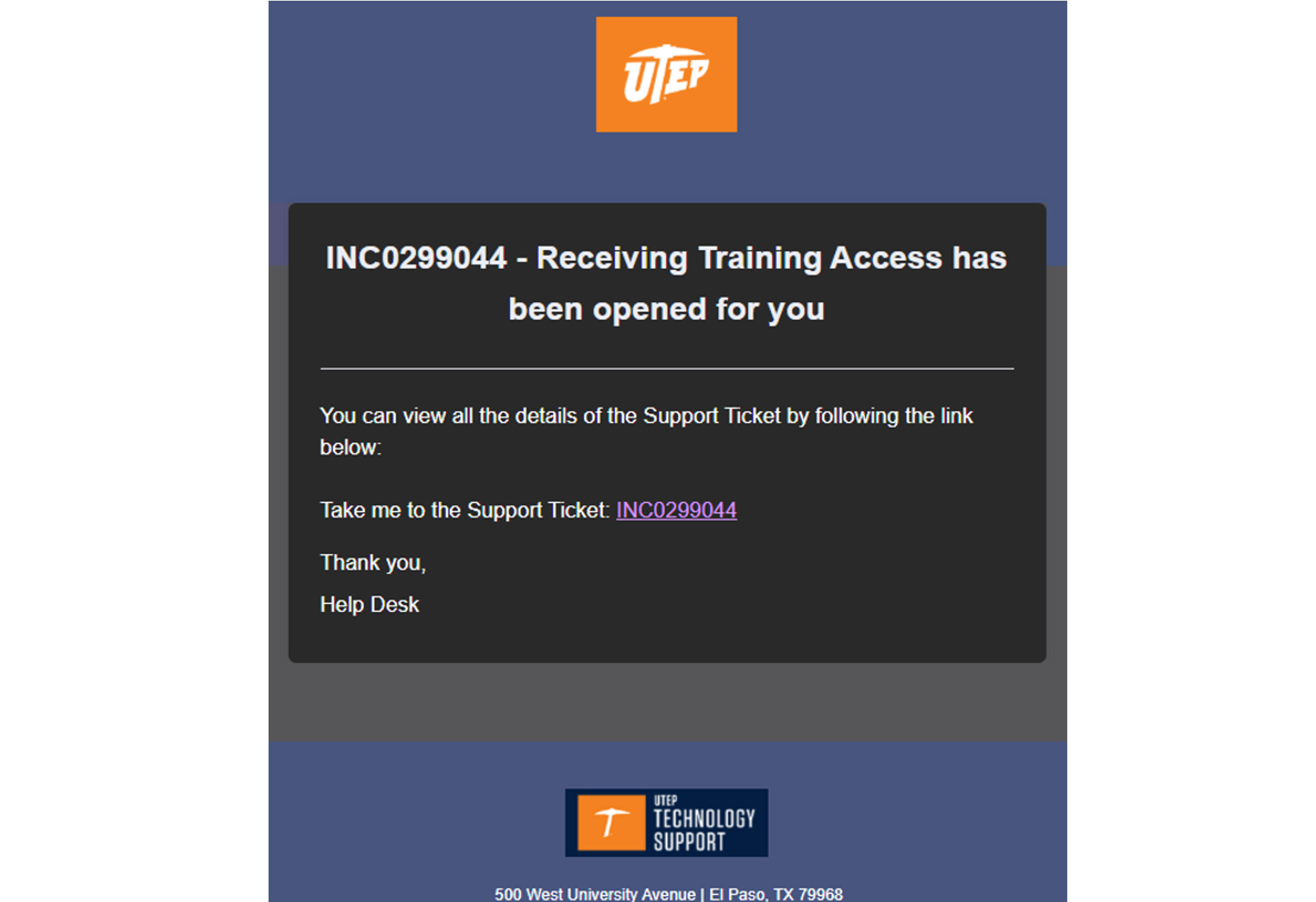 Help Desk Confirmation Email