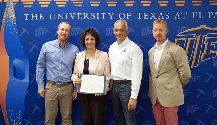 From left: Darren Cone, executive director for UTEP’s Center for the Advancement of Space Safety and Mission Assurance Research (CASSMAR); College of Engineering Dean Theresa Maldonado, Ph.D.; UTEP alumnus and former NASA astronaut Danny Olivas, Ph.D., and Nathaniel Robinson with the University’s Office of Research and Sponsored Projects. 